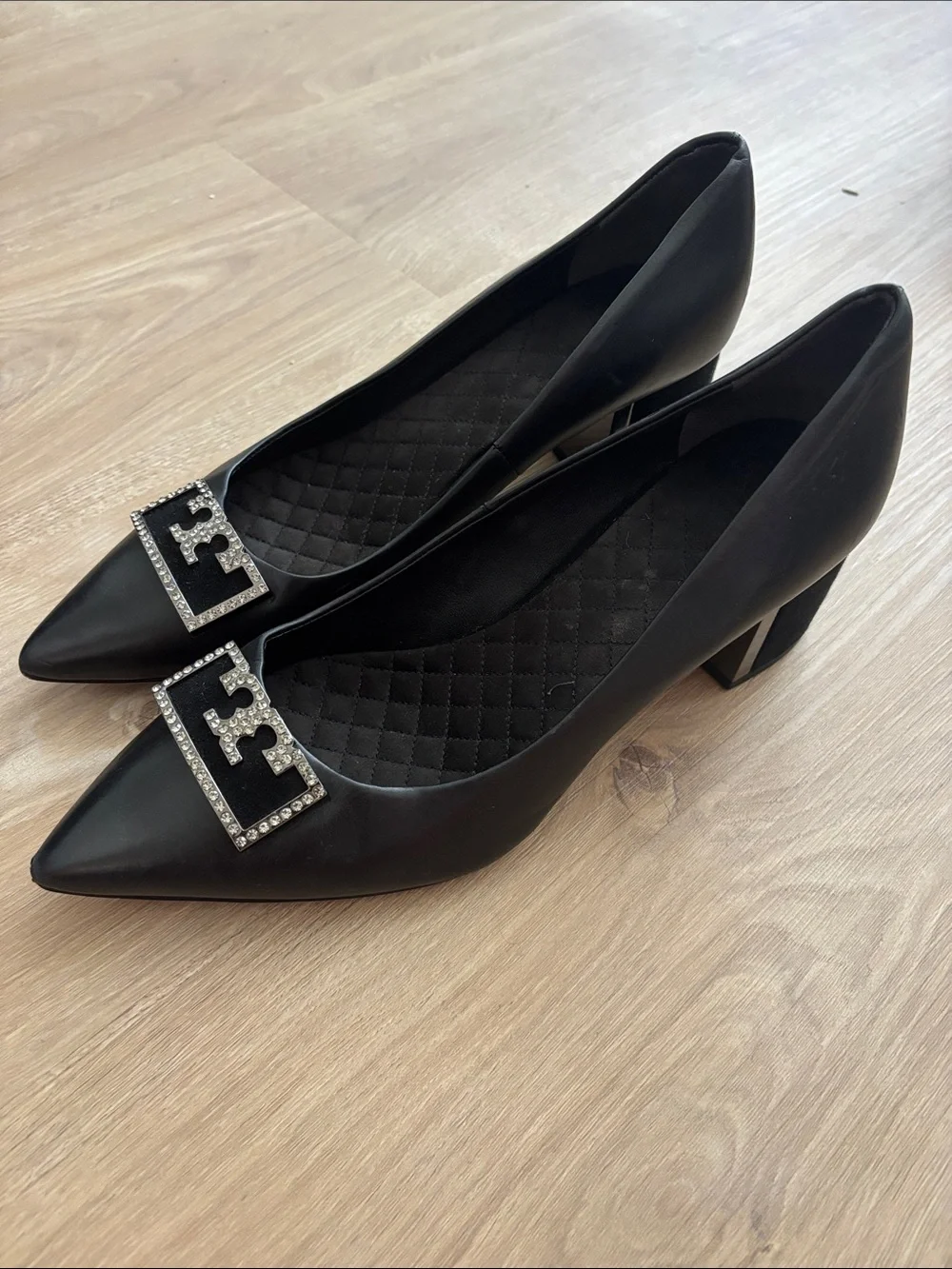 Tory Burch Black Pointed Toe Low Mirror Heel, Rhinestone Buckle, Suede,